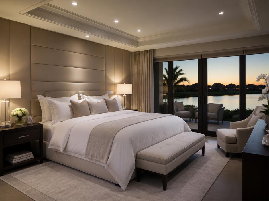 Comfortable bedroom with soft evening lighting